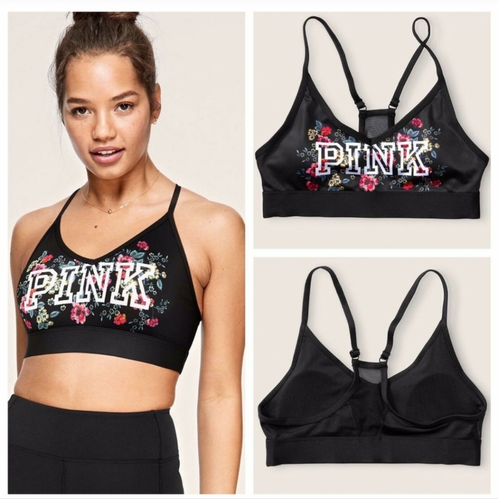 Victorias Secret PINK Ultimate Lightly Lined Sports Bra Top Black Floral Medium